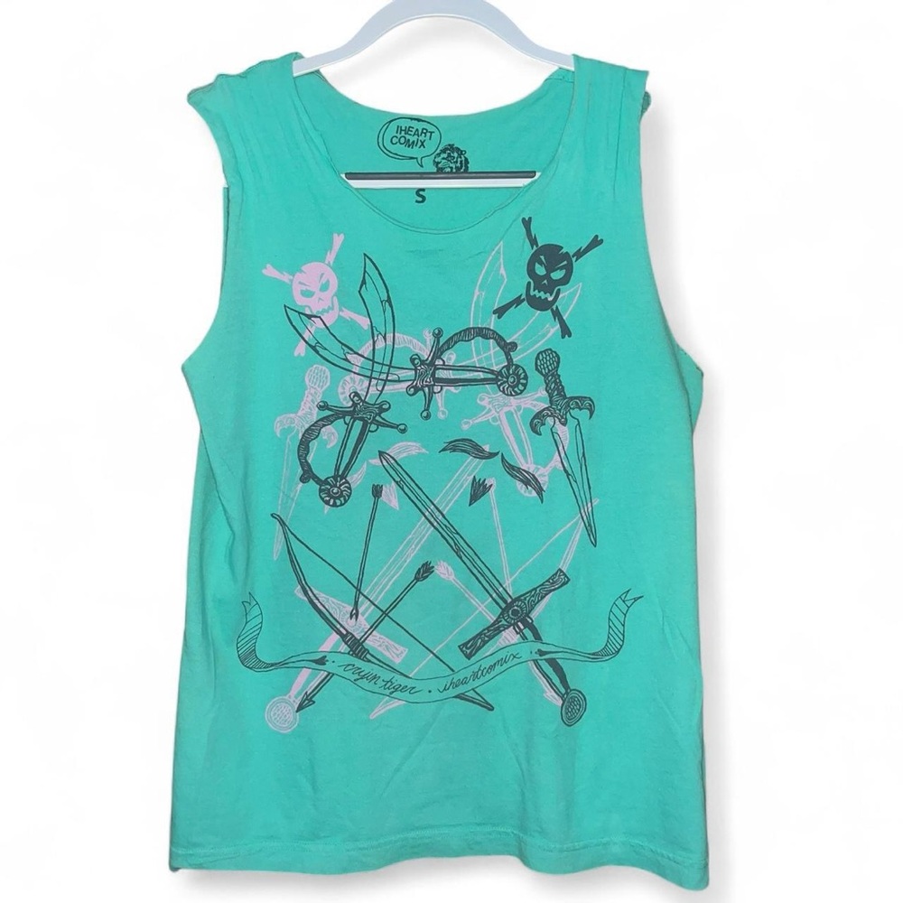 IHeartComix x crying tiger teal tank top swords skulls indie sleaze 2006 sxsw